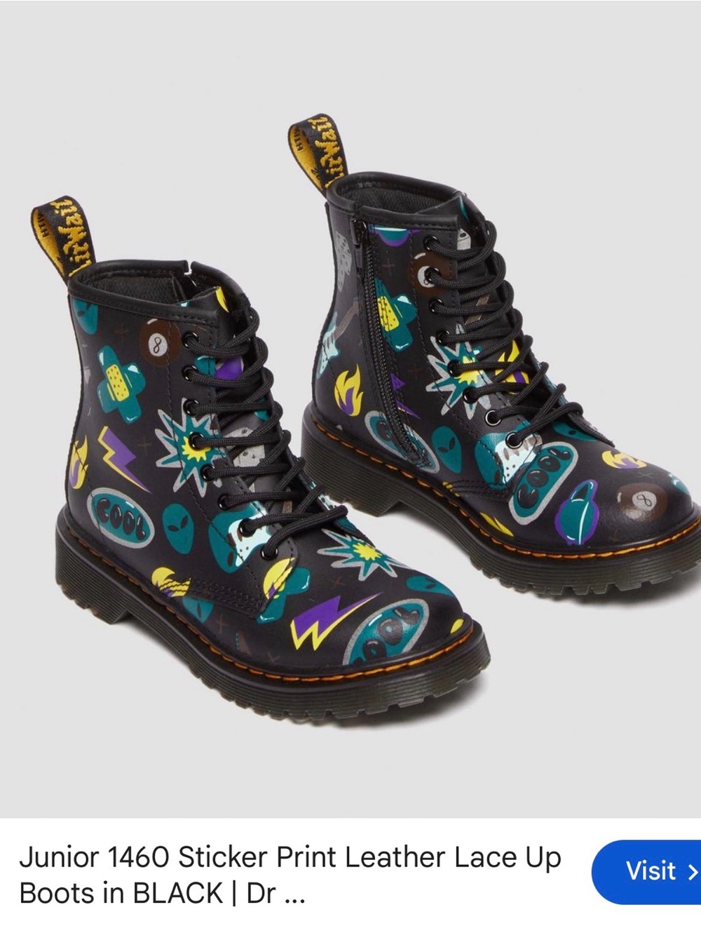 Dr‎ Martens Kids 1460 Sticker Print Leather Lace Up Boots Size 3 Black Zippers